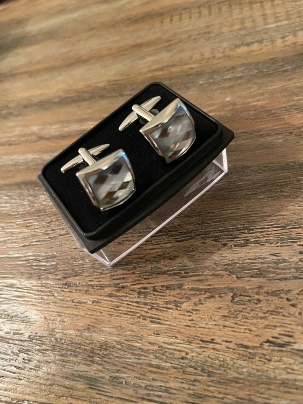 Silver Faceted Precious Mother Of Pearl Cufflinks - Elegant Men's Accessory